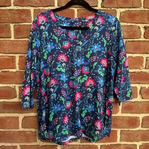 Soft Surroundings Floral V Neck 3/4 Sleeve Top Navy pima tunic Petite Large NEW